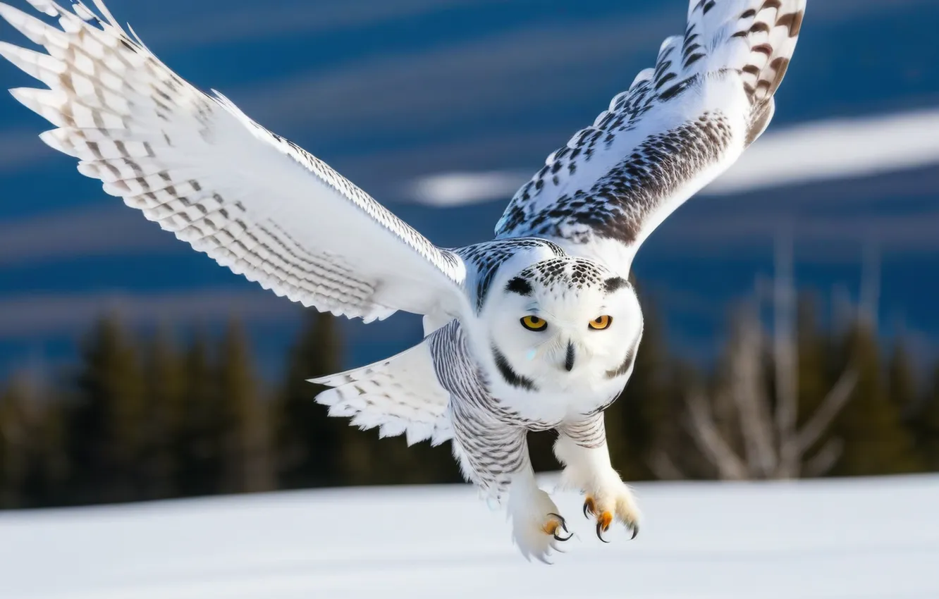 Photo wallpaper winter, field, forest, look, clouds, snow, trees, flight