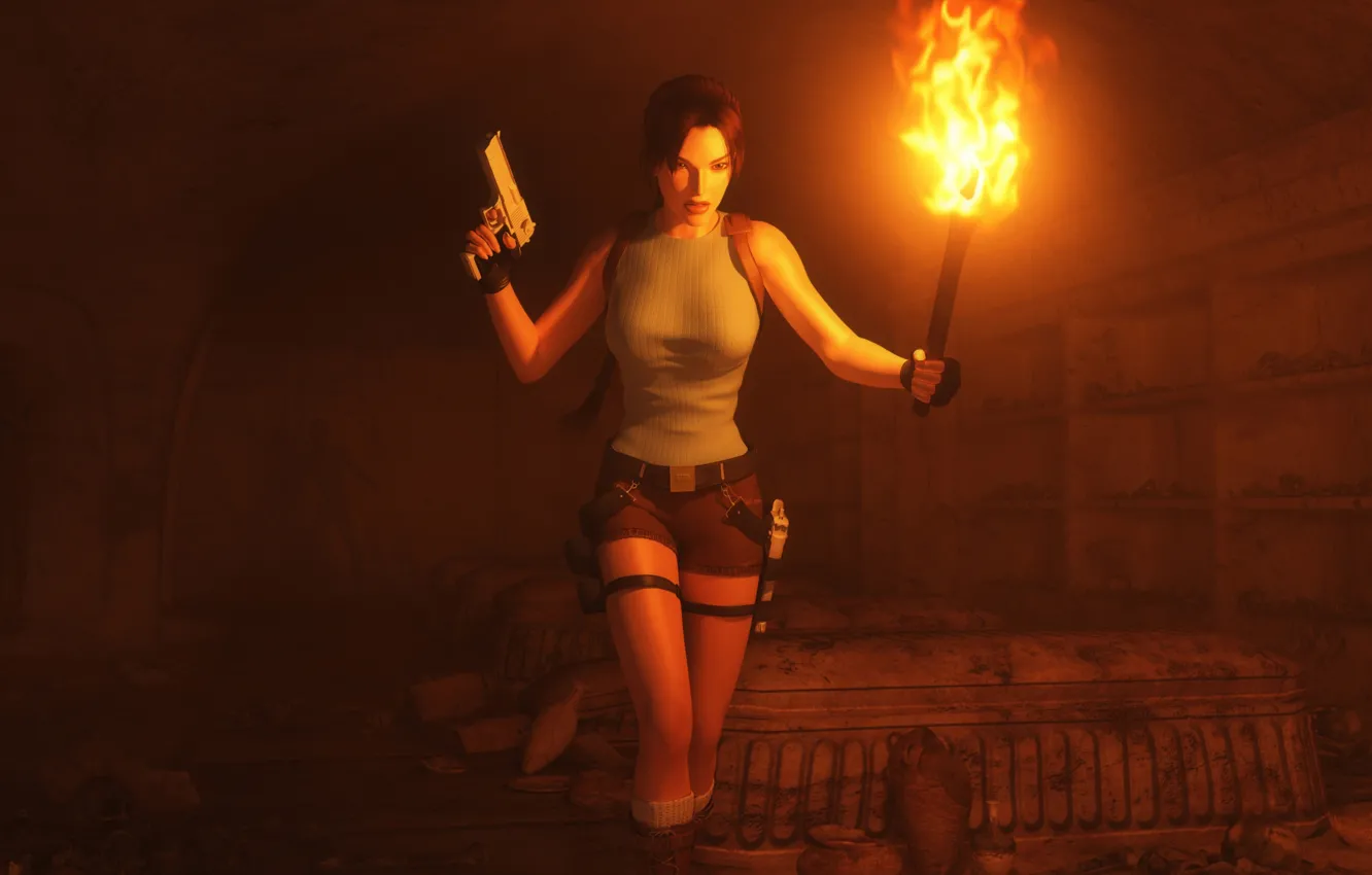 Photo wallpaper girl, torch, Tomb Raider, Lara Croft