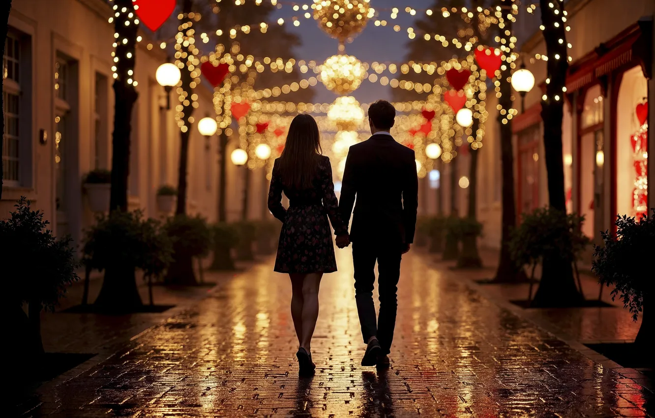 Photo wallpaper love, lights, street, romance, heart, pair, love, walk
