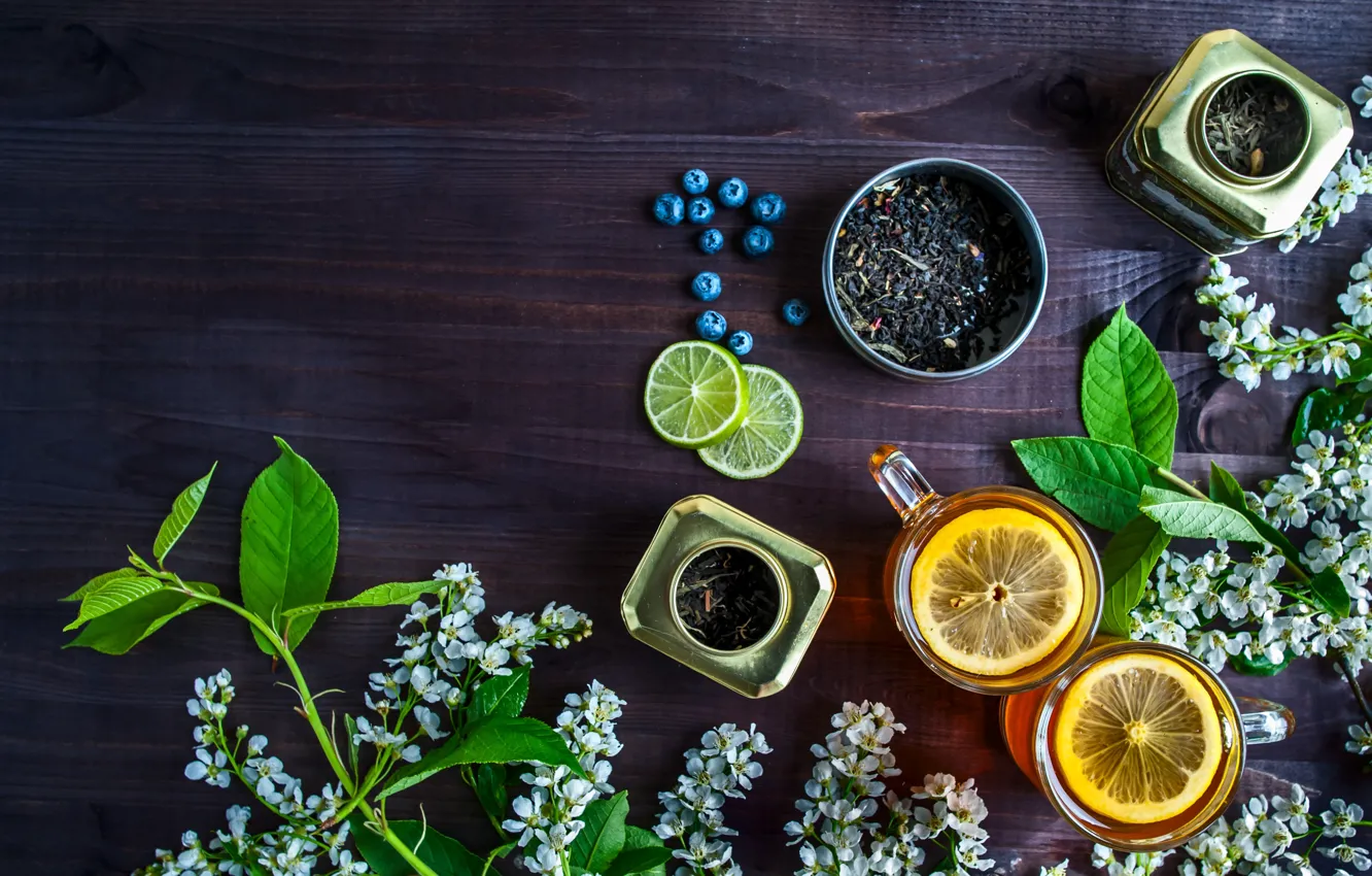 Photo wallpaper berries, lemon, tea, blueberries, drink