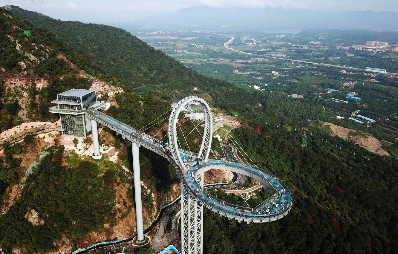 Photo wallpaper forest, trees, landscape, bridge, nature, rocks, China, people