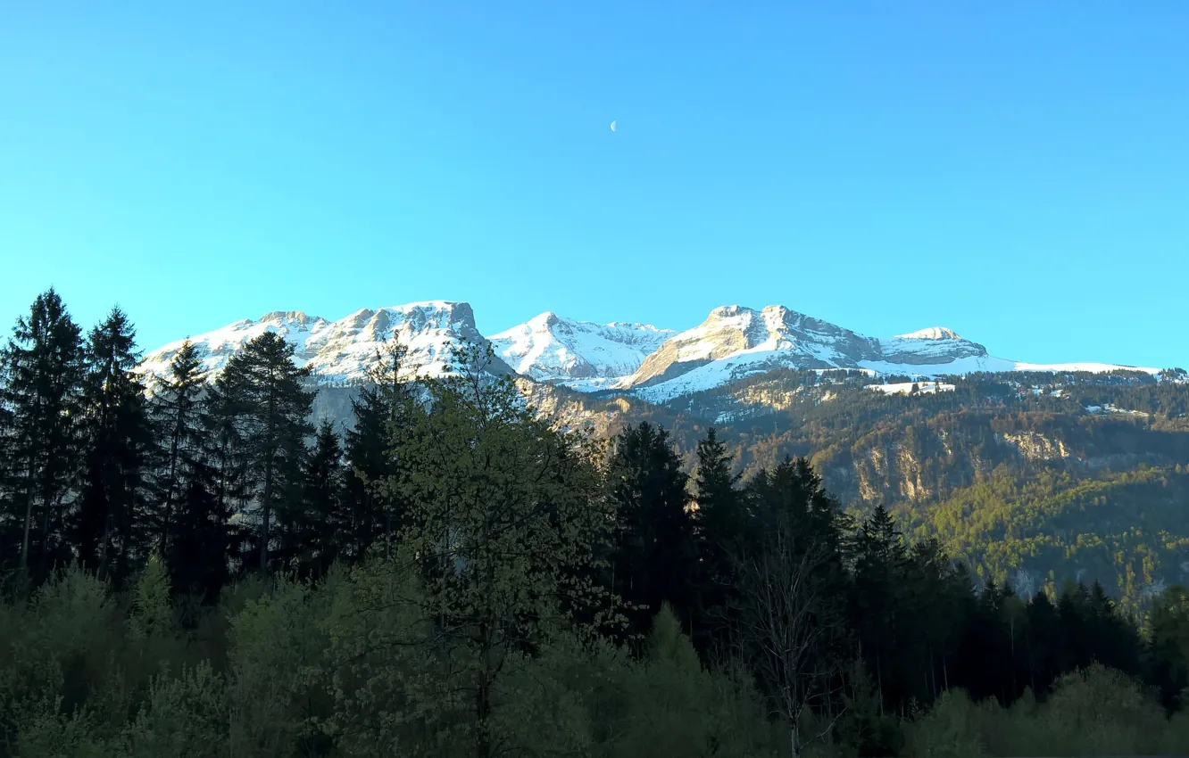 Photo wallpaper moon, Switzerland, trees, mountains, snow, morning, sunny, Berne