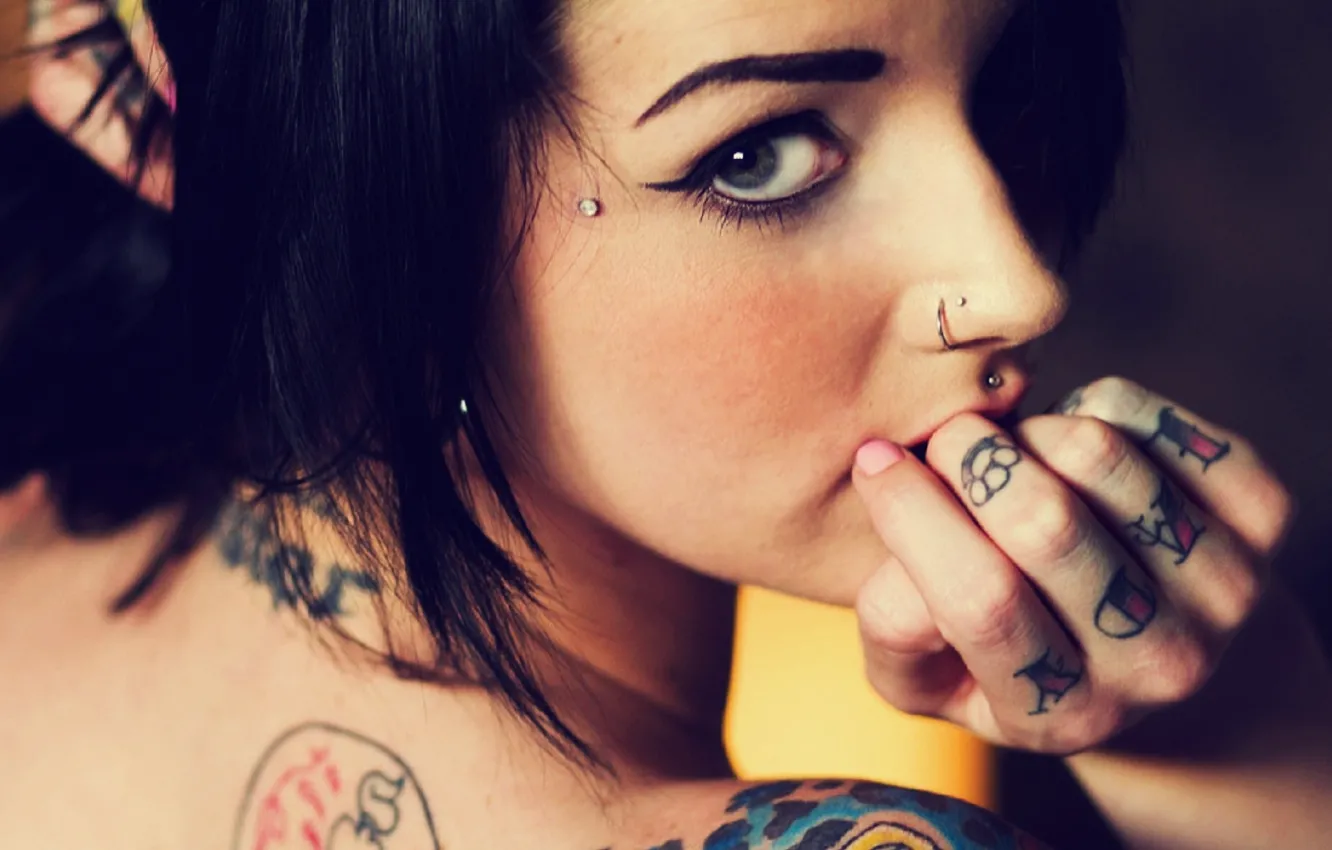 Photo wallpaper eyes, piercing, tattoos, TOPLESS
