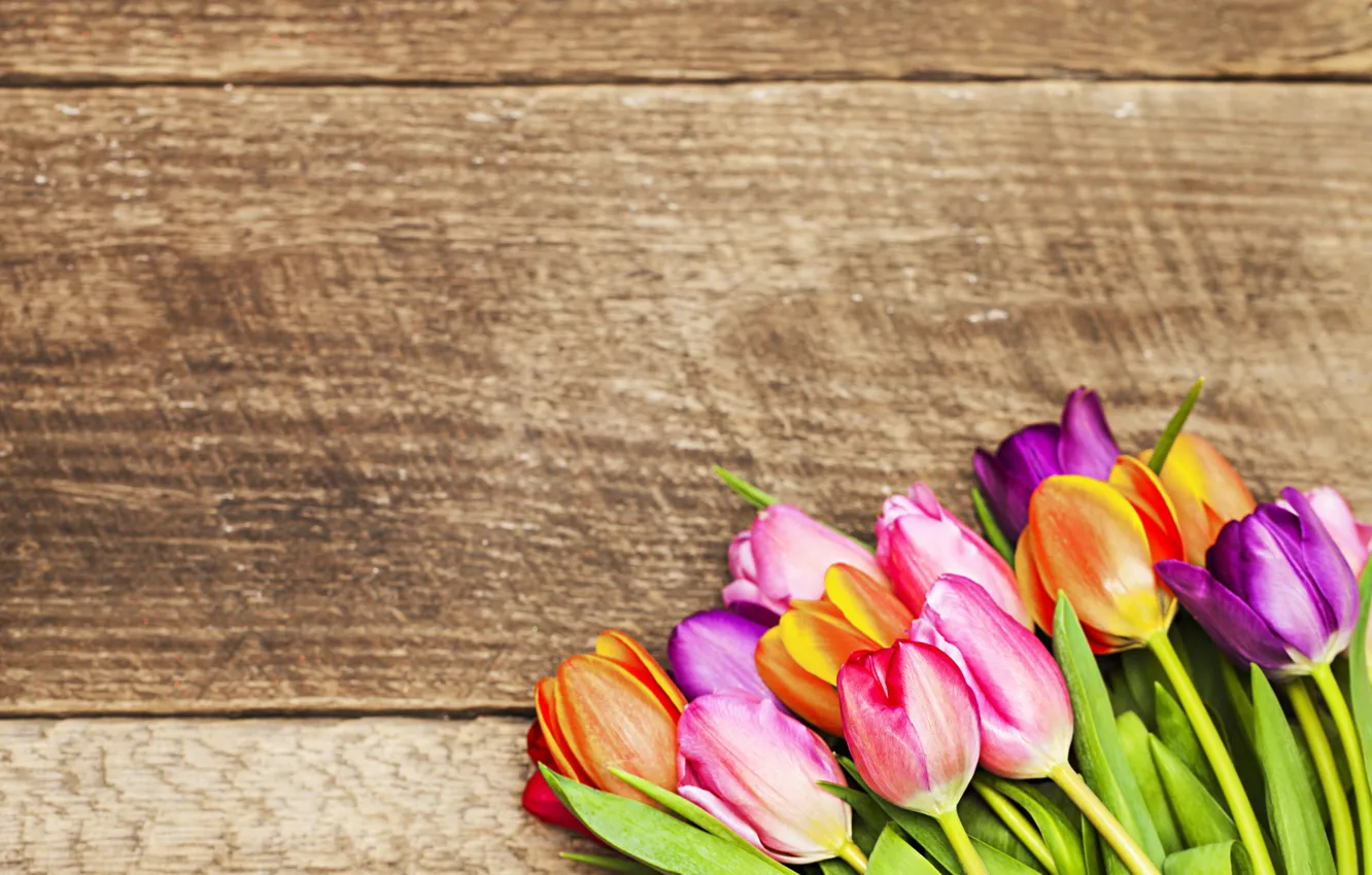 Photo wallpaper flowers, bouquet, colorful, tulips, love, wood, romantic, tulips