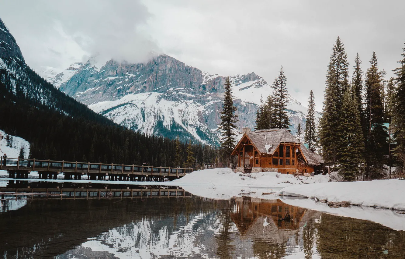 Photo wallpaper house, forest, Canada, sky, trees, nature, bridge, winter