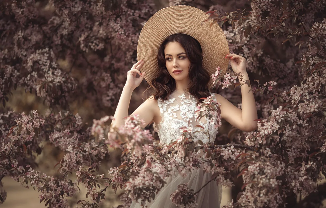 Photo wallpaper girl, branches, pose, style, tree, mood, spring, hat