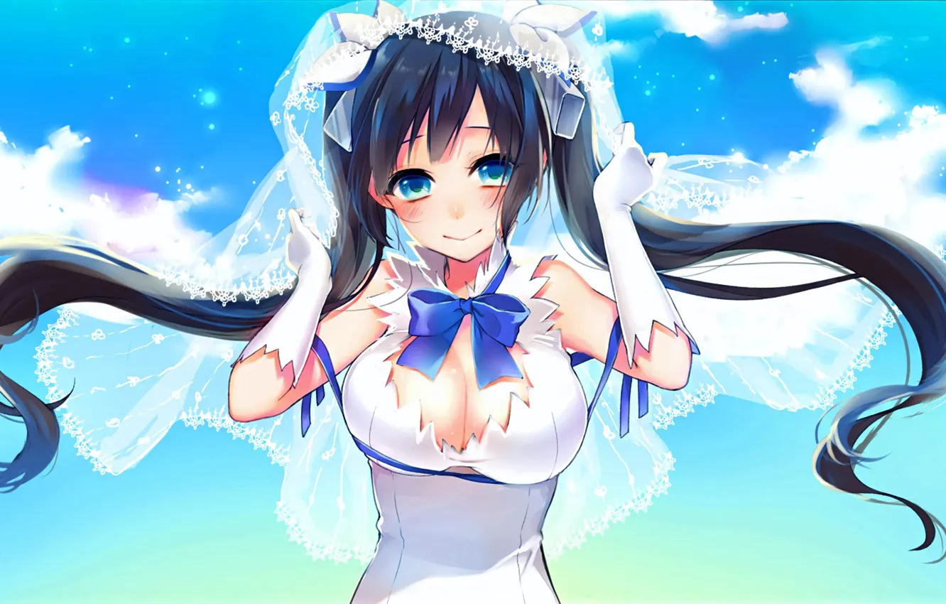 Photo wallpaper girl, sexy, cleavage, long hair, dress, boobs, anime, blue eyes