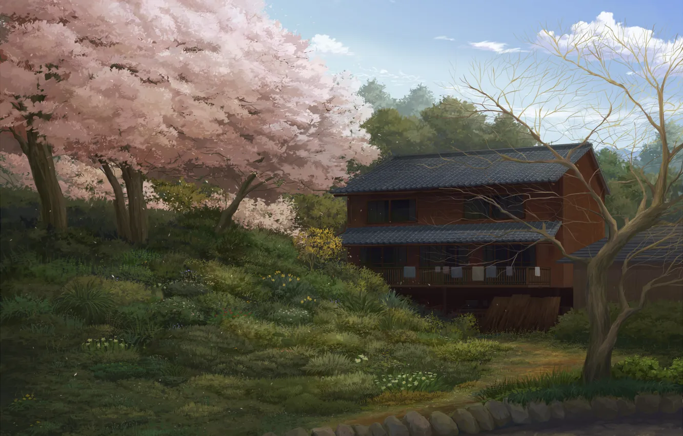 Photo wallpaper landscape, house, tree, spring, Sakura, art, track, juuyonkou