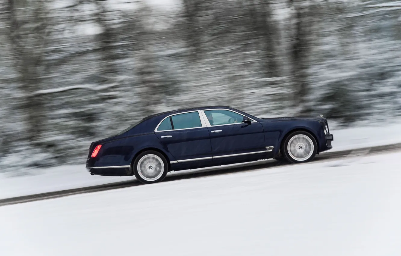 Photo wallpaper Winter, Auto, Bentley, Blue, Sedan, Side view, In motion, Mulsanne