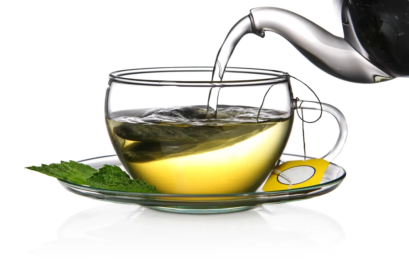 Photo wallpaper tea, Cup, drink, mint, saucer, teapot, bag