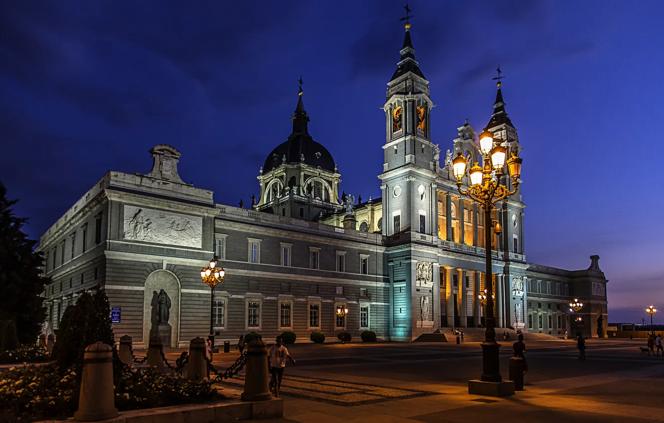Photo wallpaper night, lights, Cathedral, Spain, Madrid, Santa Maria de La Almudena
