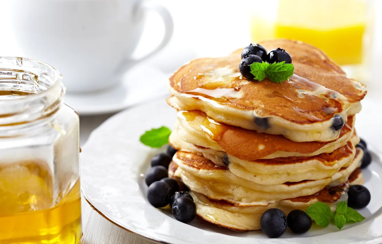 Photo wallpaper berries, food, Breakfast, blueberries, honey, plate, jars, pancakes