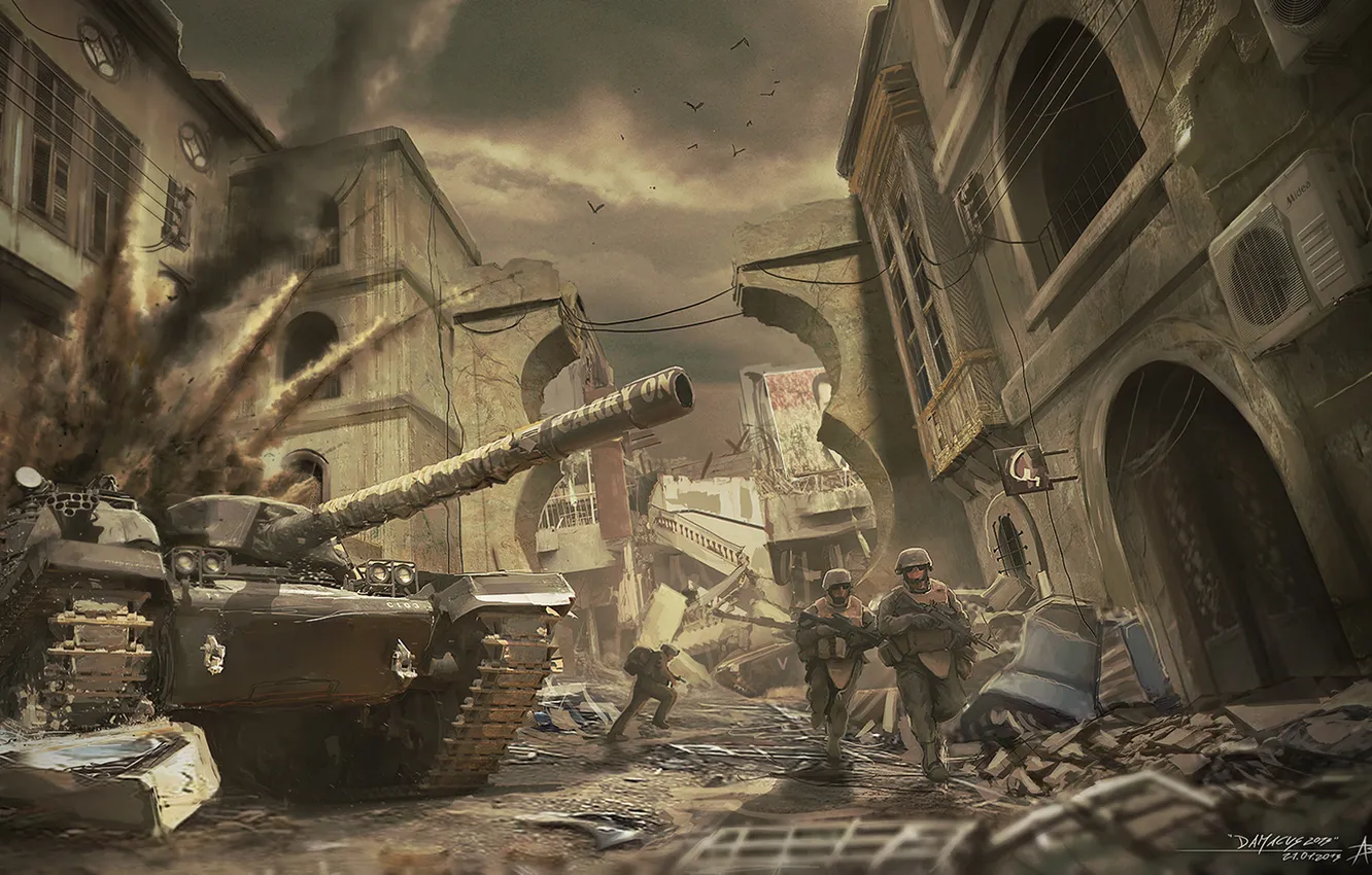 Photo wallpaper the city, war, soldiers, tank