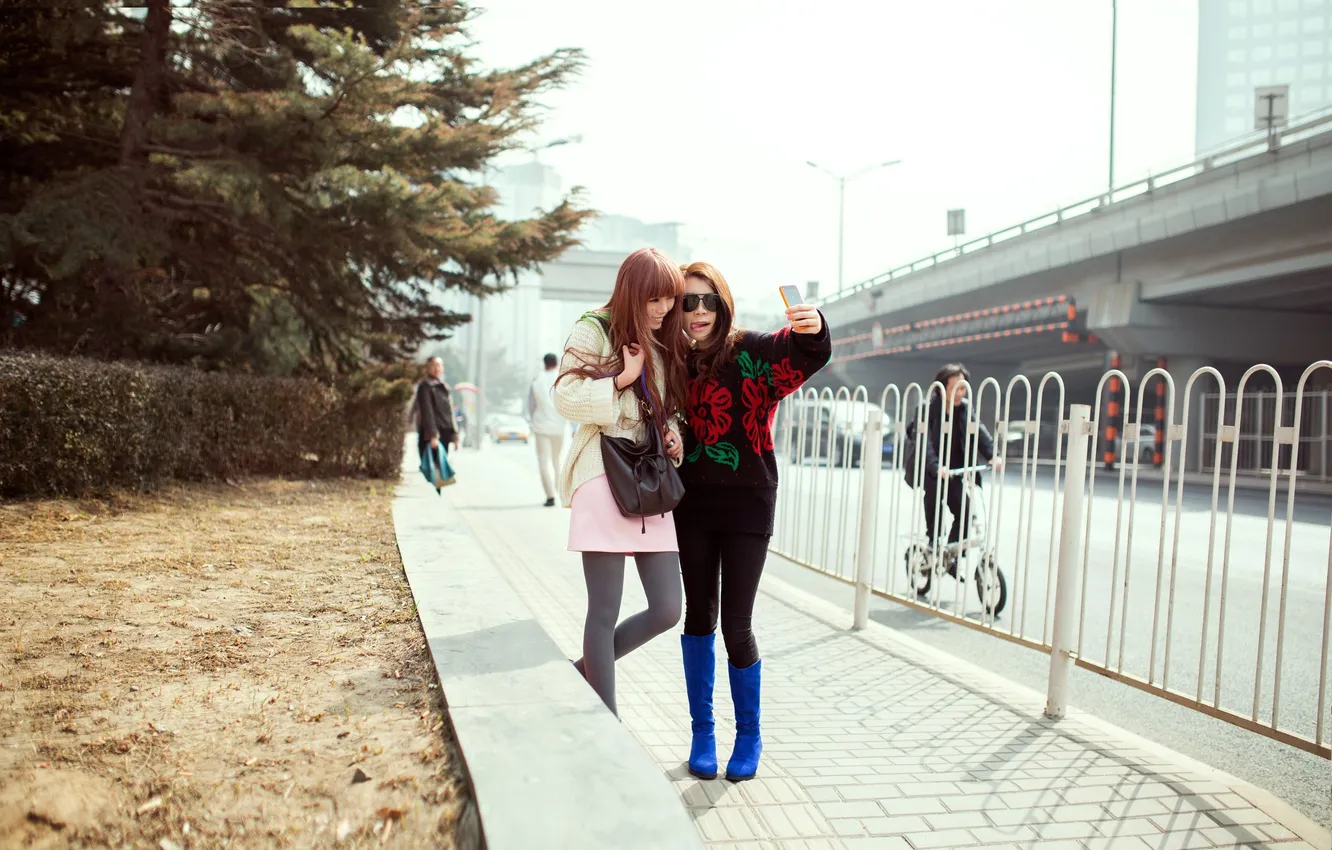 Photo wallpaper Beautiful, Asian, Street, Women, Road, Models, Cute, Trees