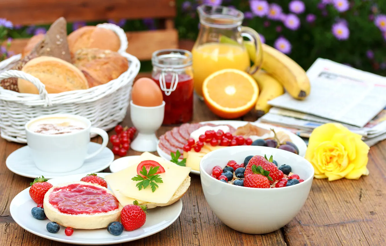 Photo wallpaper berries, coffee, Breakfast, cheese, blueberries, strawberry, juice, sausage