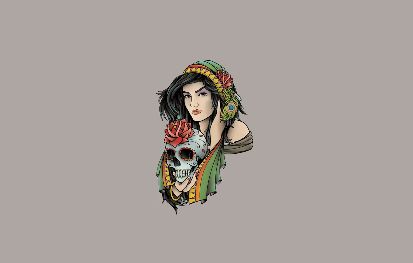 Photo wallpaper girl, flowers, rose, skull, minimalism, feathers, light background