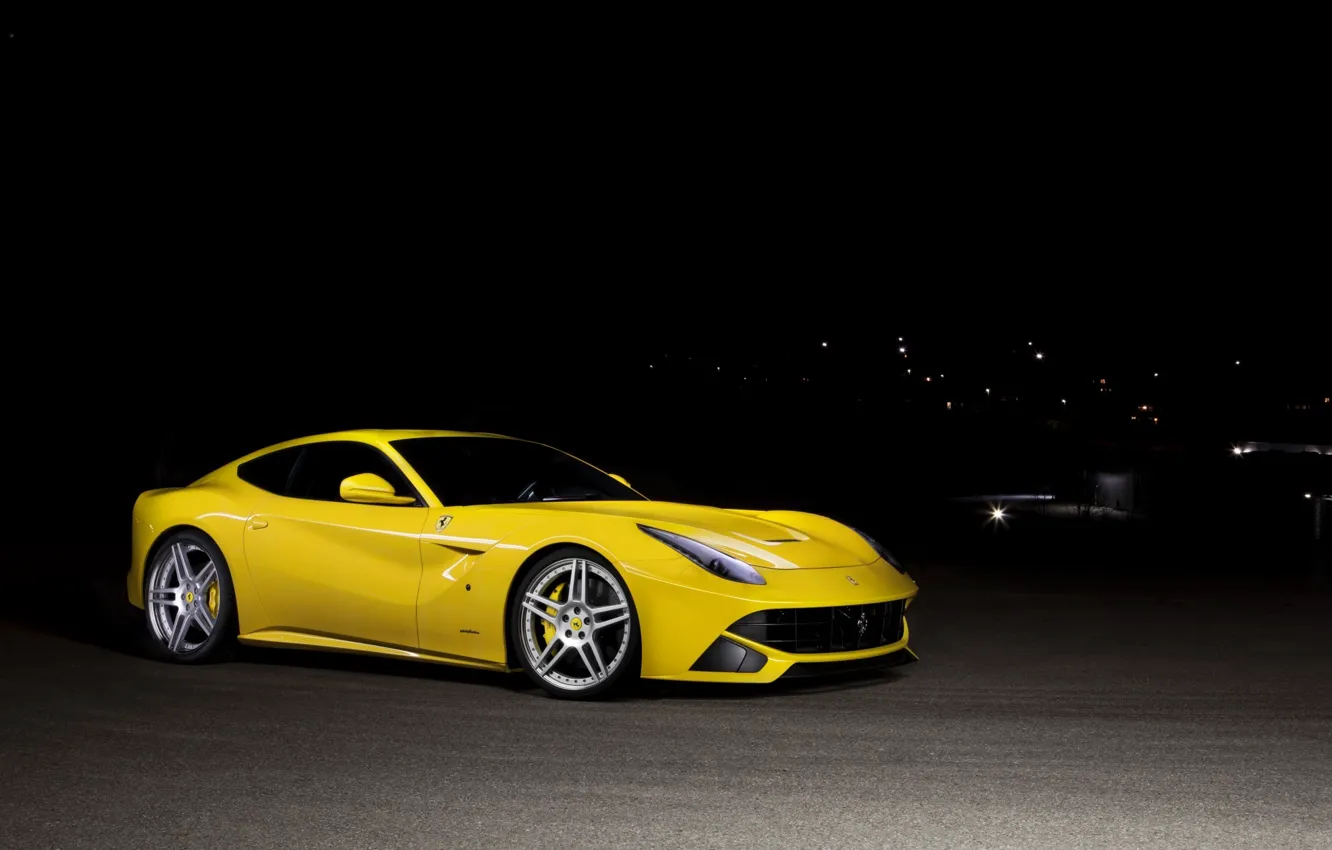 Photo wallpaper night, yellow, ferrari, Ferrari, front view, yellow, tinted, F12 berlinetta