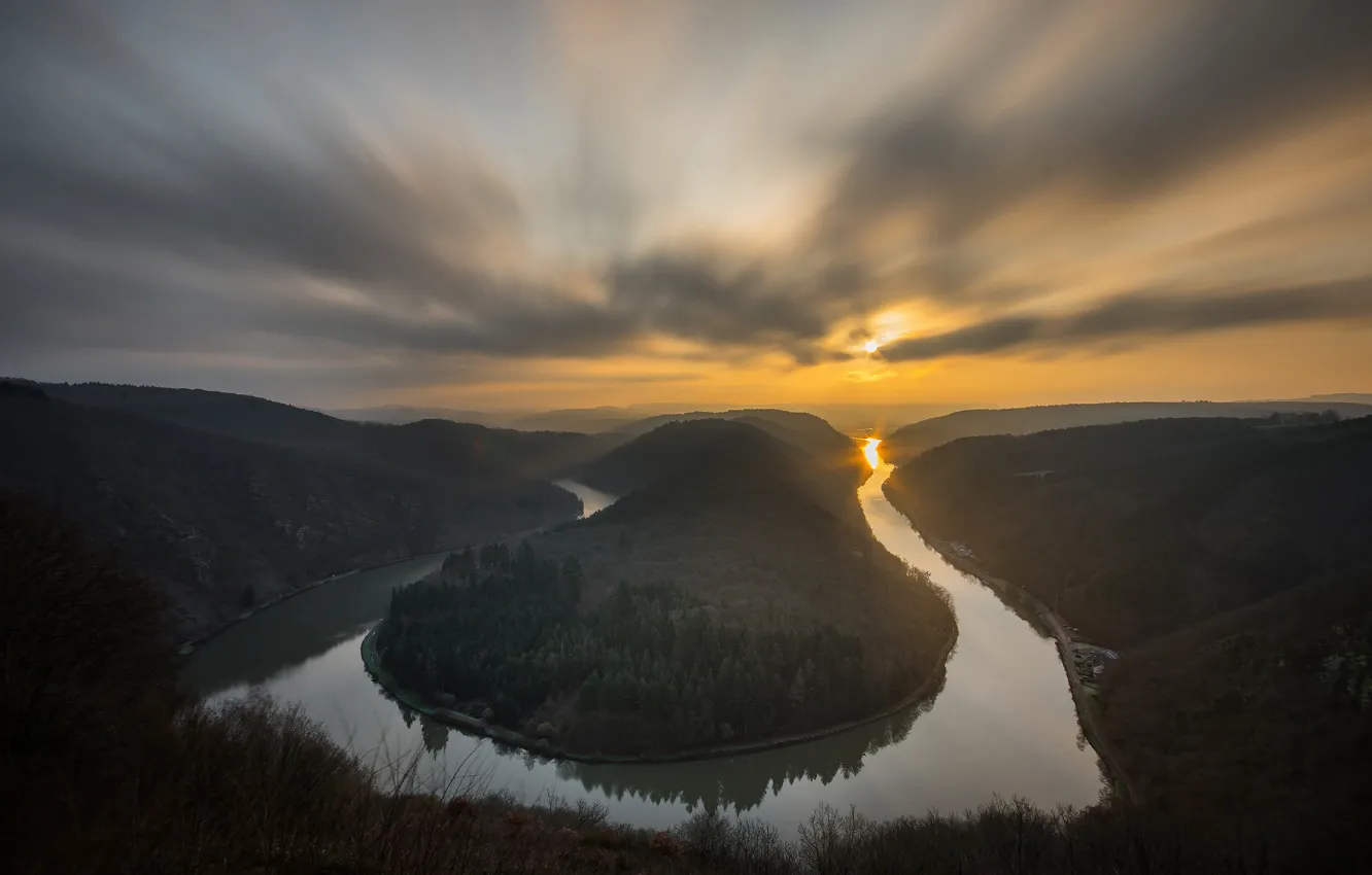 Photo wallpaper forest, the sky, clouds, sunset, mountains, fog, river, dawn