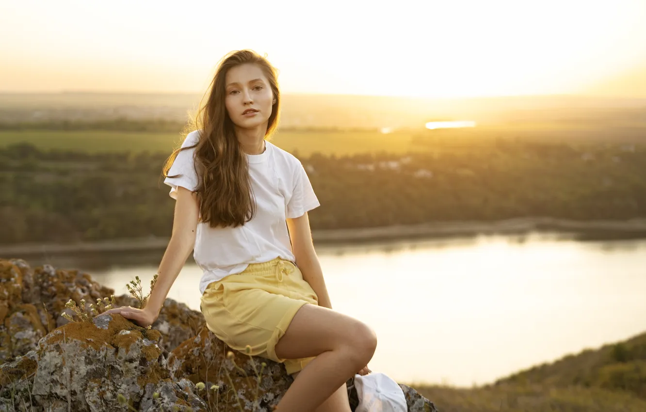 Photo wallpaper girl, shorts, nature, beautiful, model, pretty, long-haired