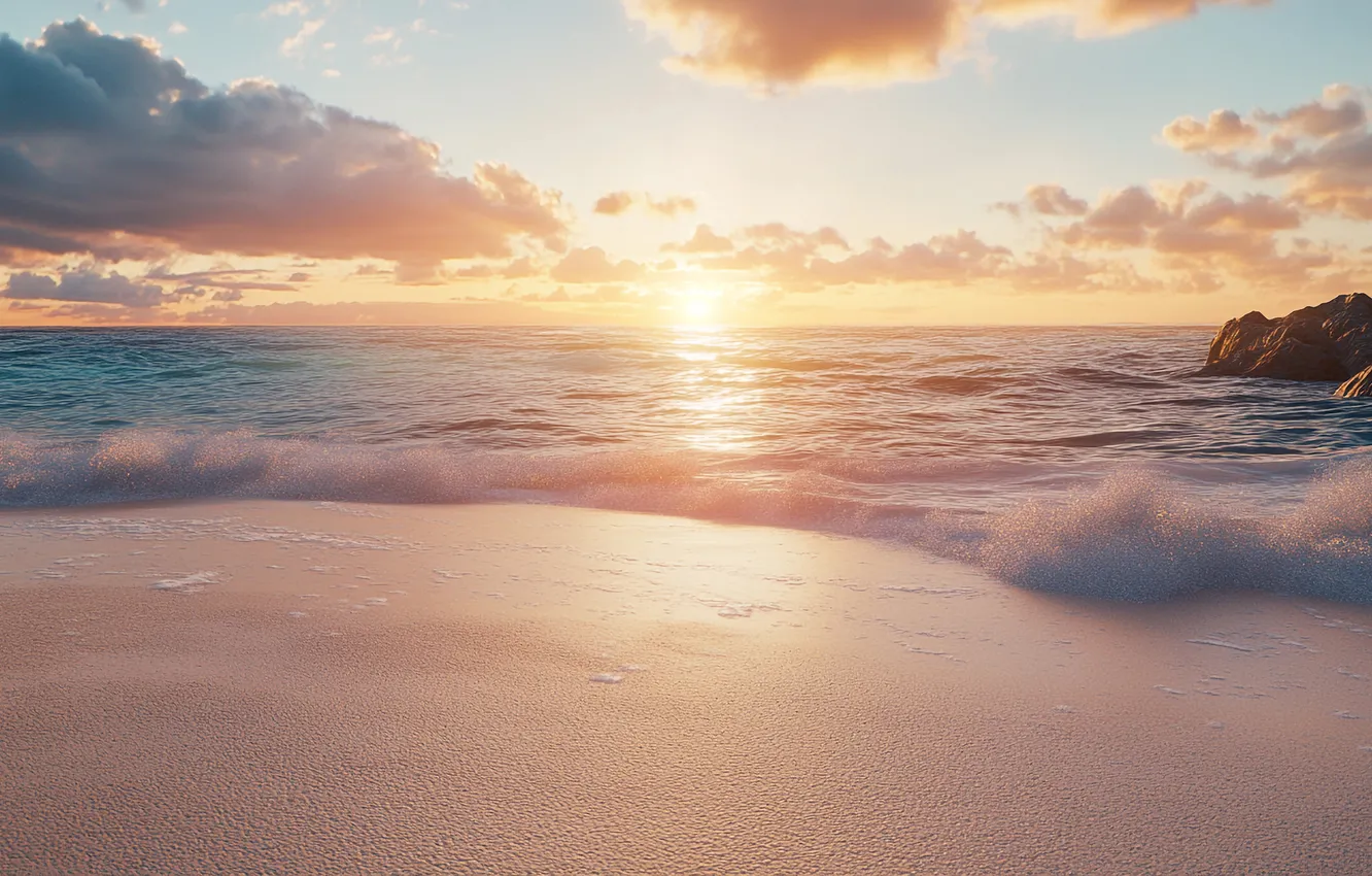 Photo wallpaper sand, sea, wave, beach, the sky, the sun, clouds, the ocean