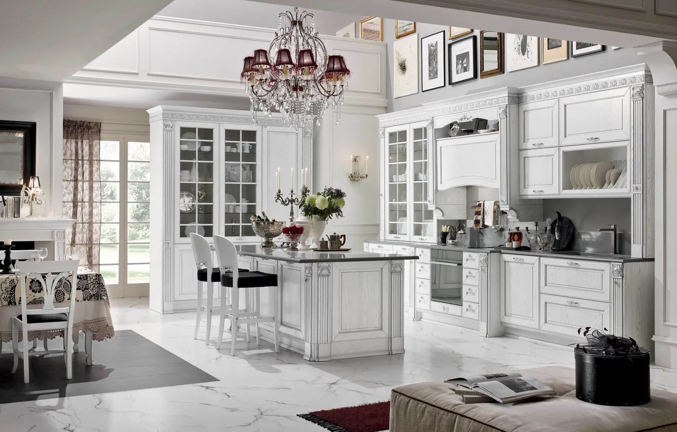 Photo wallpaper design, furniture, interior, kitchen, chandelier