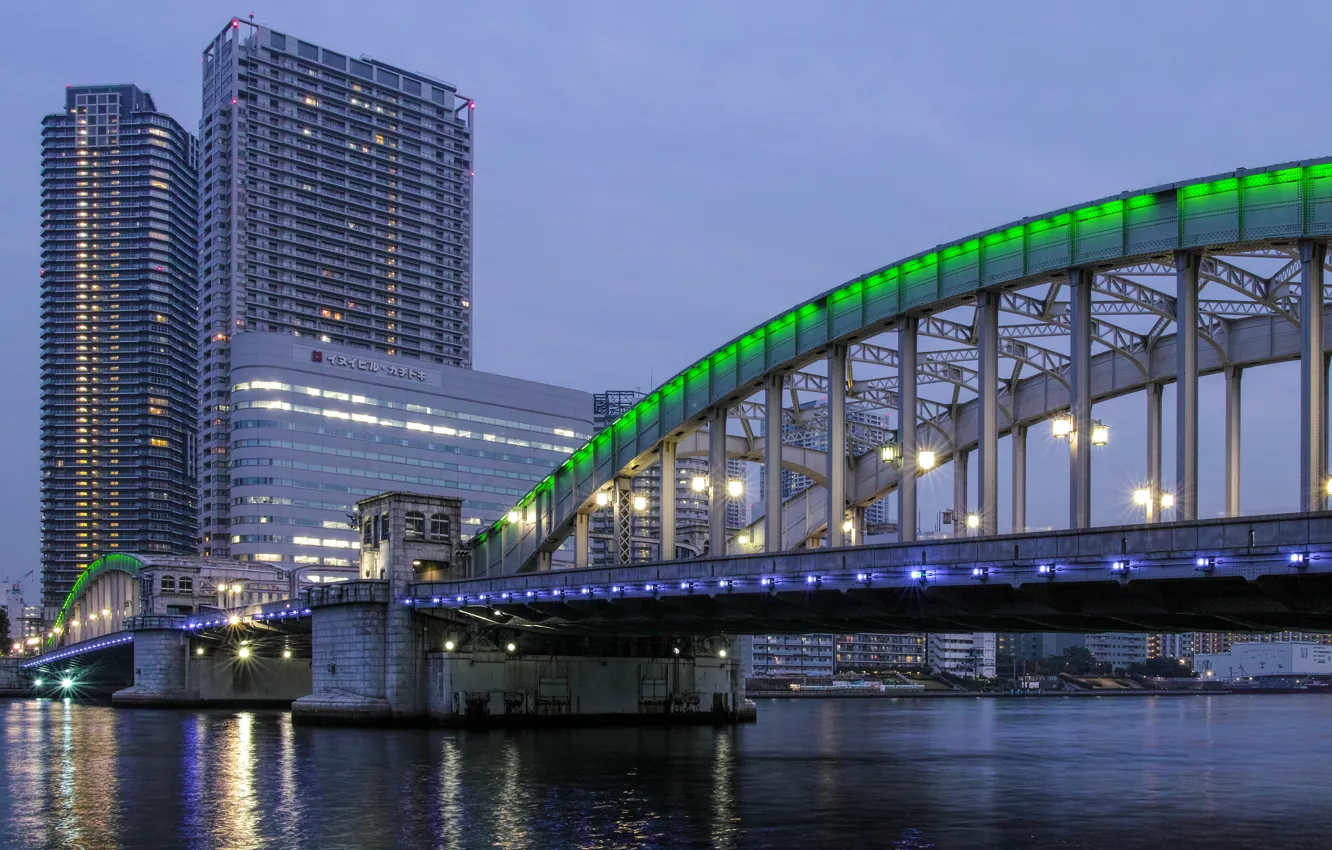 Photo wallpaper the sky, bridge, lights, building, the evening, Japan, lighting, backlight