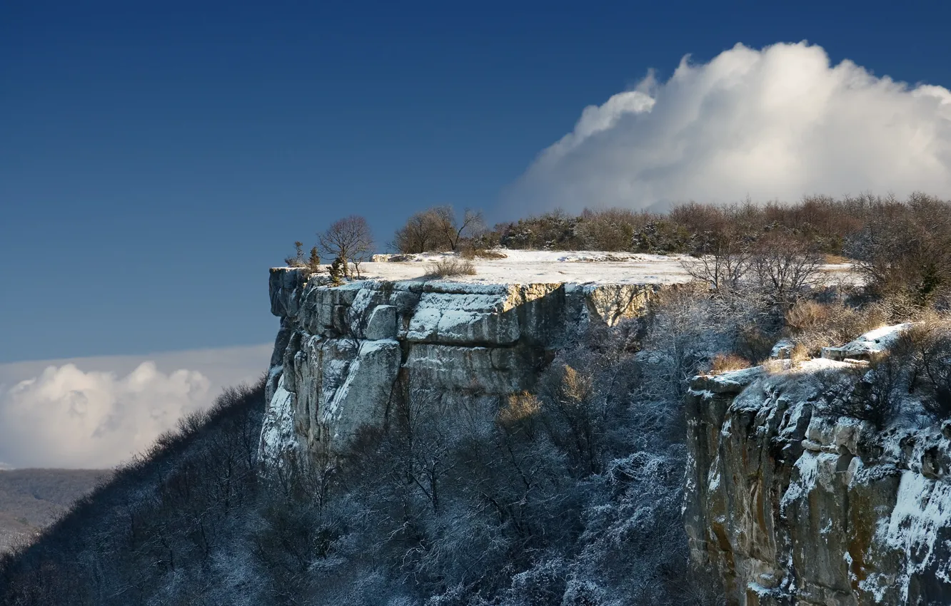 Photo wallpaper winter, the sky, clouds, snow, trees, mountains, Crimea