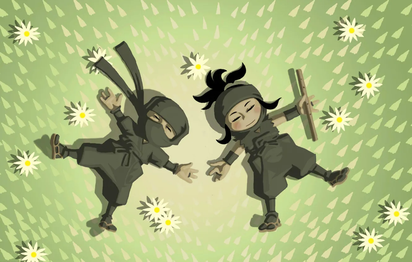 Photo wallpaper grass, chamomile, two, flute, lie, Mini Ninjas