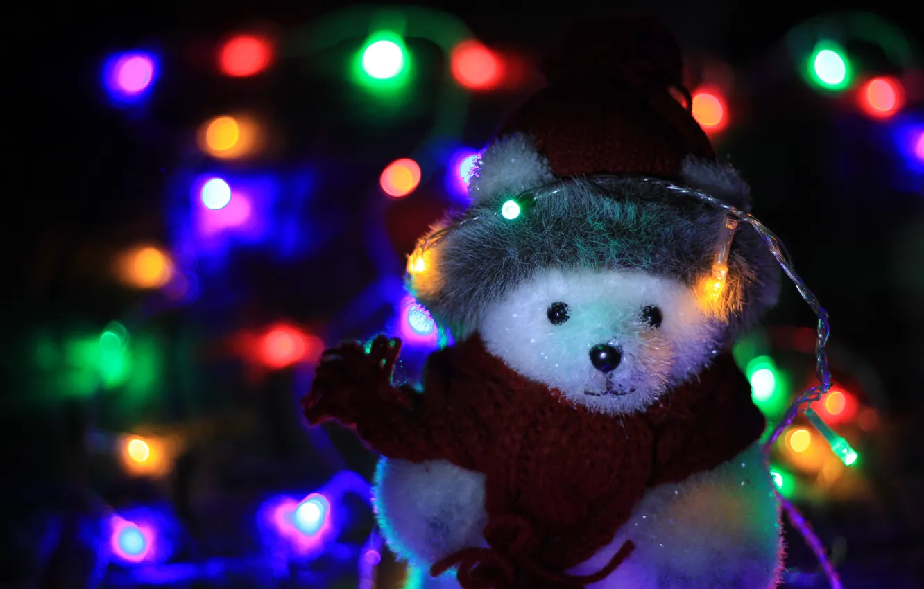 Photo wallpaper winter, white, night, the dark background, holiday, hat, toys, lights