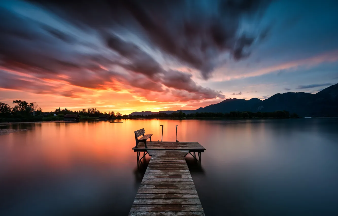Photo wallpaper sunset, bridge, lake