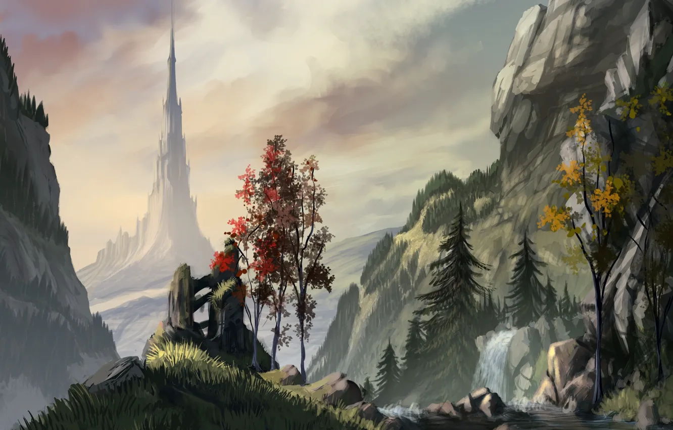 Photo wallpaper fantasy, tower, river, sky, trees, mountains, clouds, waterfall