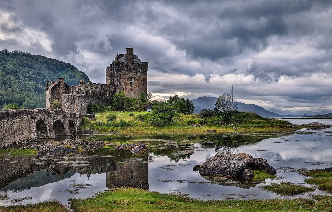 Photo wallpaper the sky, grass, clouds, mountains, bridge, river, stones, castle