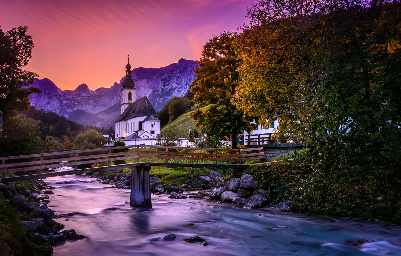 Photo wallpaper autumn, trees, mountains, bridge, river, Germany, Bayern, Church