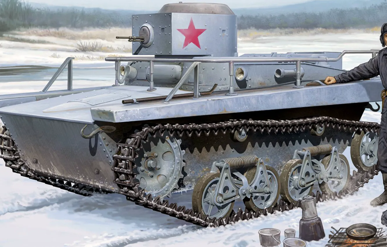 Photo wallpaper snow, figure, art, The red army, halt, the rest of the Soviet tankers, type reconnaissance …