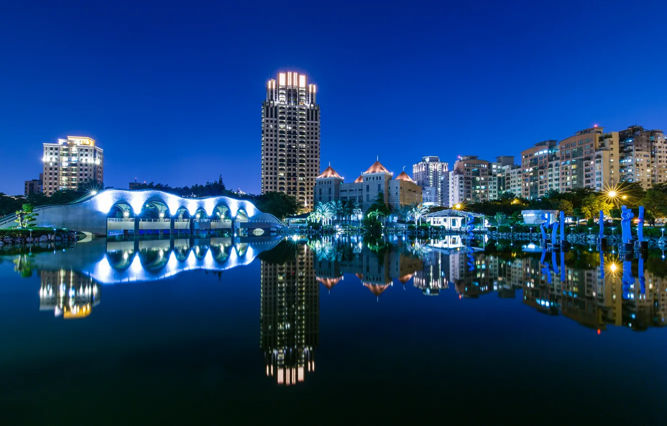 Photo wallpaper the sky, night, the city, lights, reflection, river, home, lighting