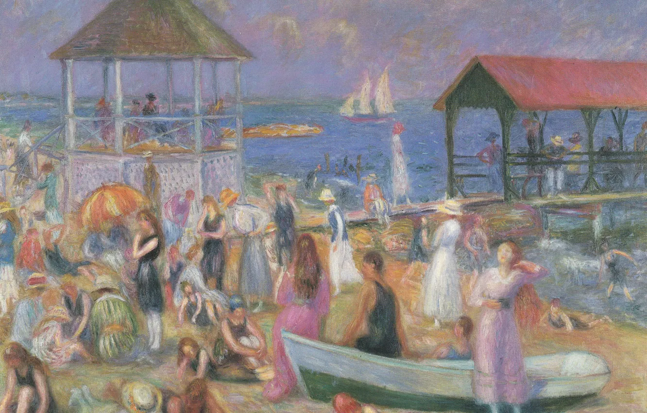 Photo wallpaper sea, beach, stay, boat, people, picture, genre, William Glackens