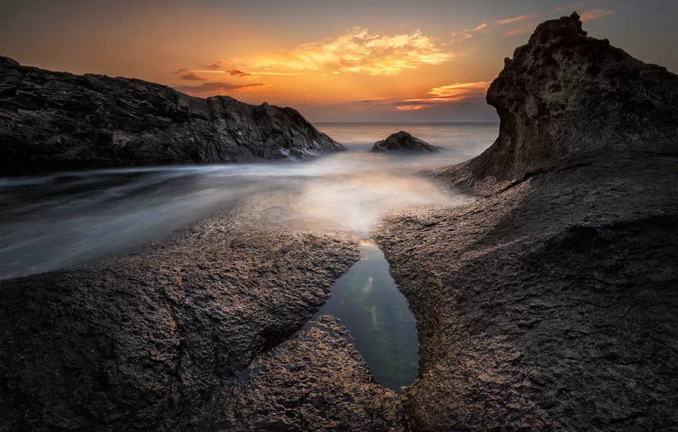 Photo wallpaper sea, beach, landscape, sunset, nature, sunrise, stones, rocks