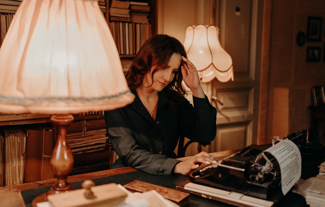 Photo wallpaper girl, lamp, book, typewriter, floor lamp, typewriter, Albina Ponomareva