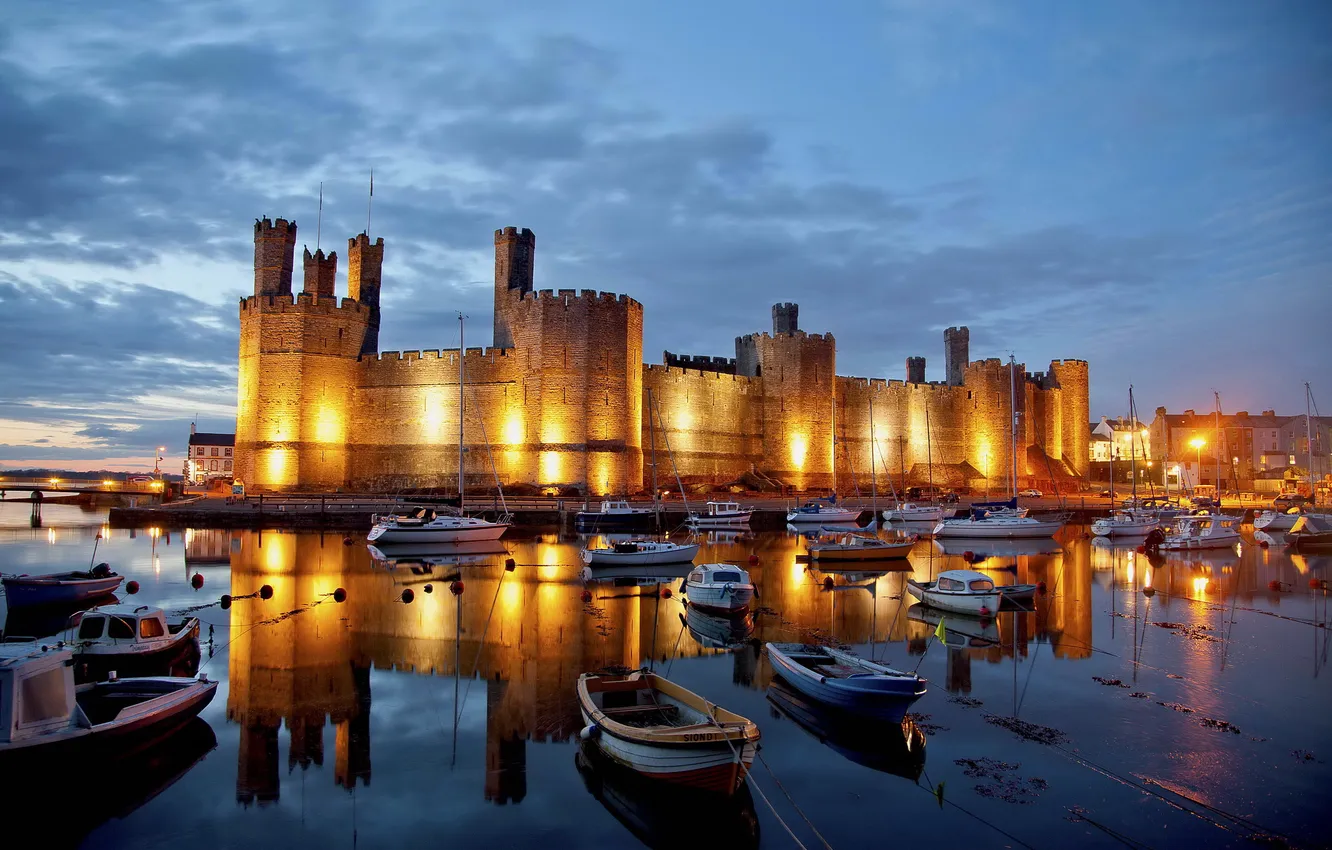 Photo wallpaper city, castle, England, home, yachts, boats, the evening, UK