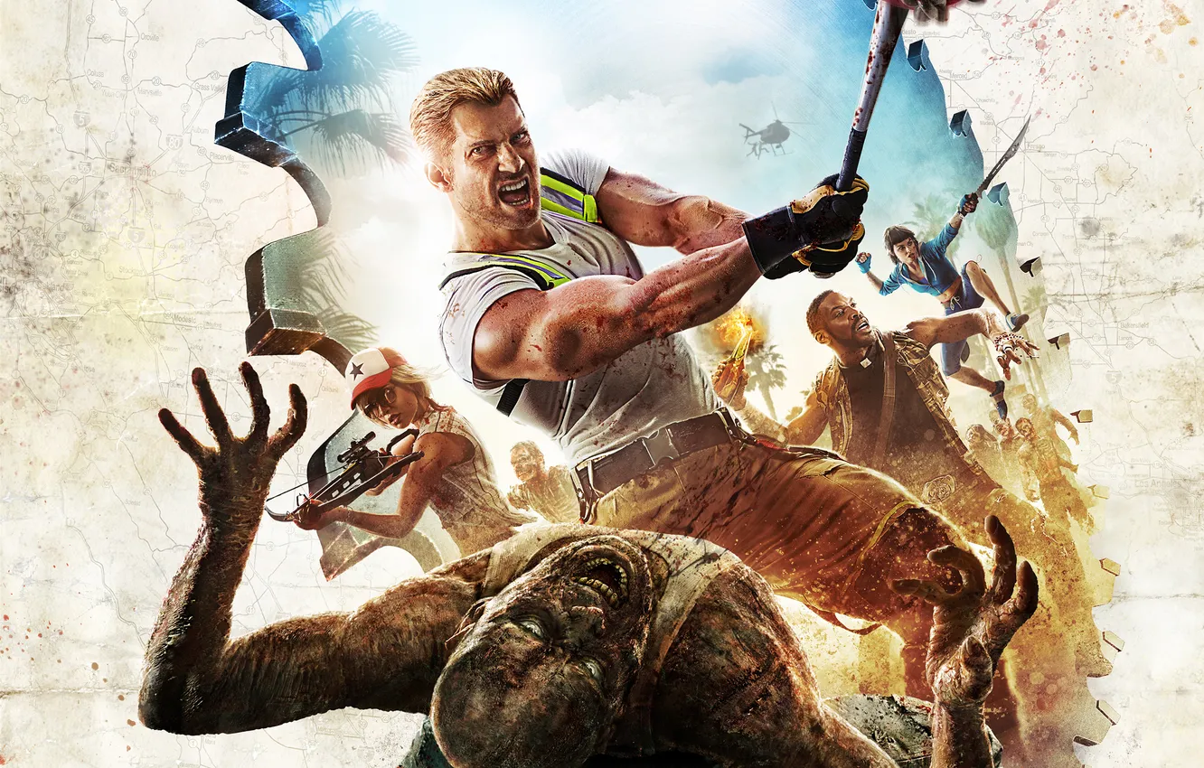 Photo wallpaper lights, palm trees, battle, fight, zombies, blow, zombie, helicopter