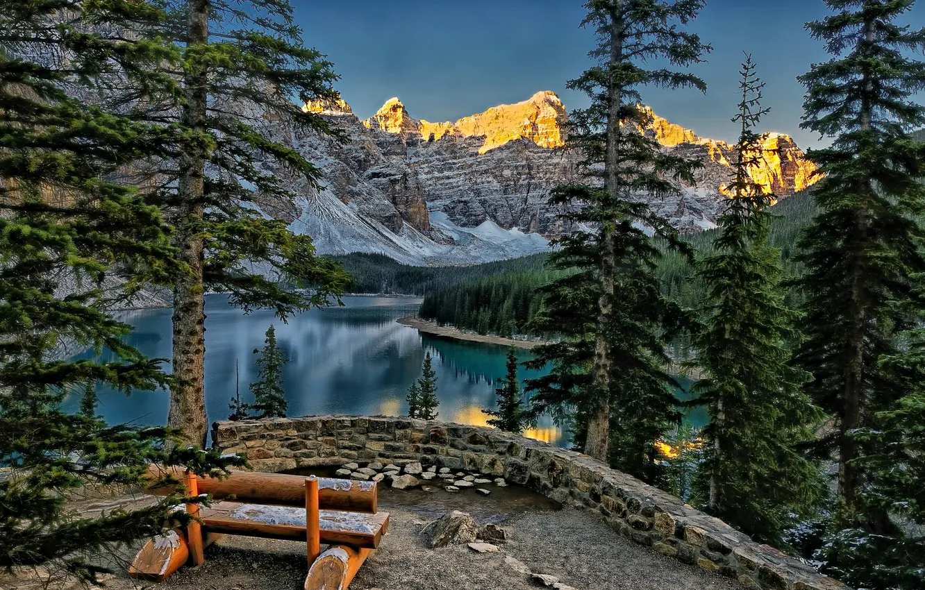 Photo wallpaper forest, trees, mountains, lake, Park, bench