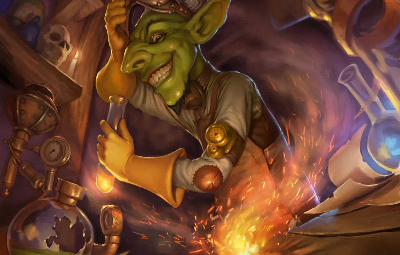 Photo wallpaper lights, smile, art, sparks, bulb, Goblin, tubes, Hearthstone