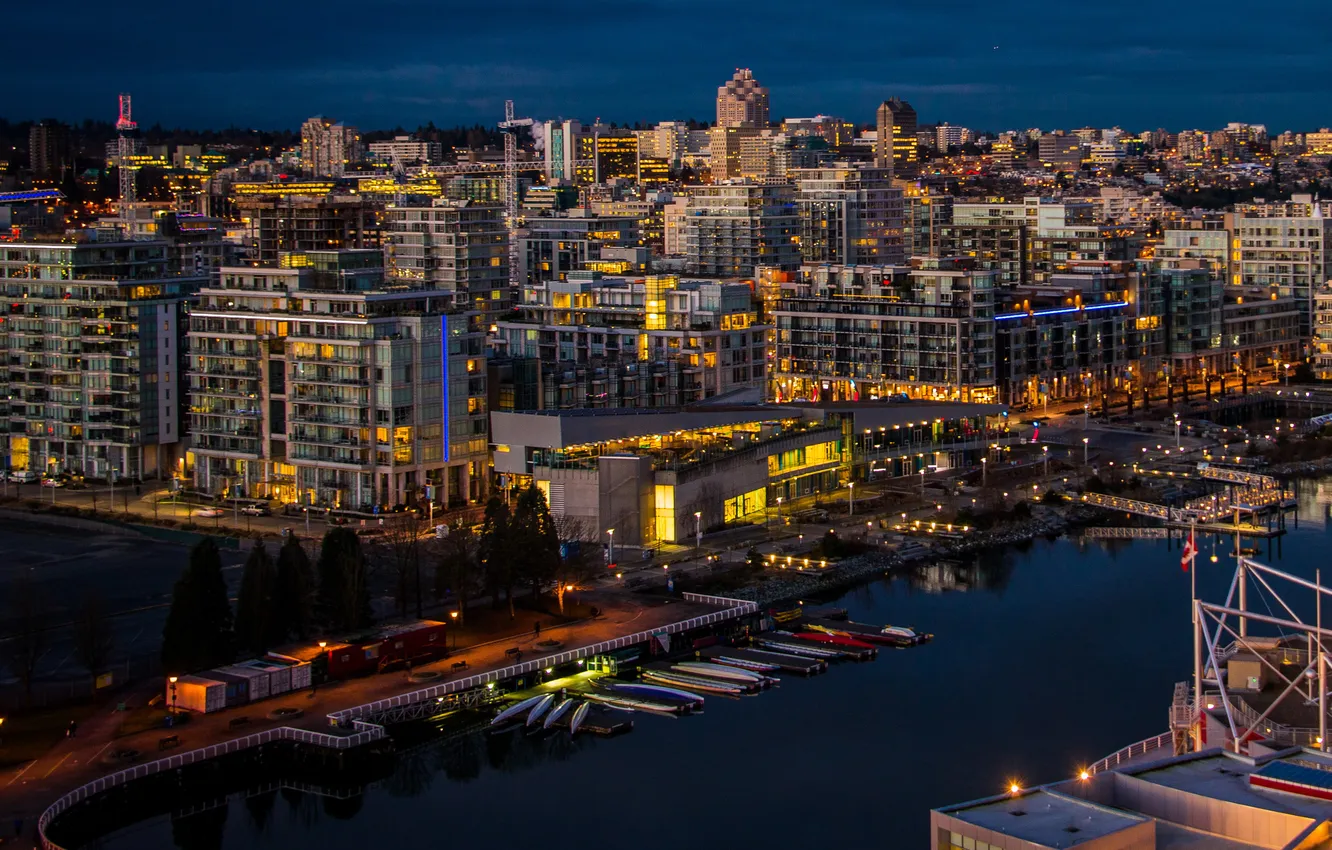 Photo wallpaper night, the city, river, photo, home, pier, Canada, pierce