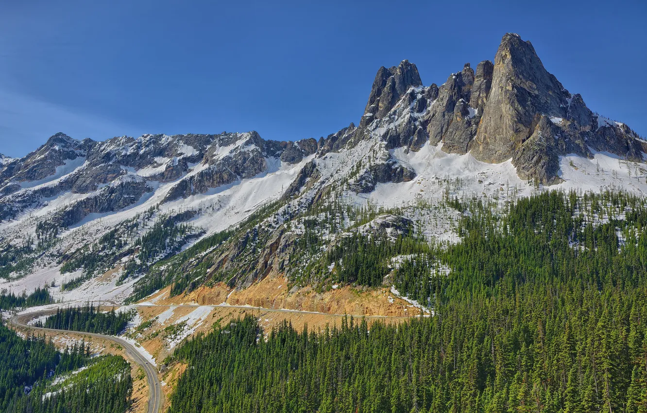 Photo wallpaper road, forest, mountains, Washington, North Cascades, Liberty Bell Mountain