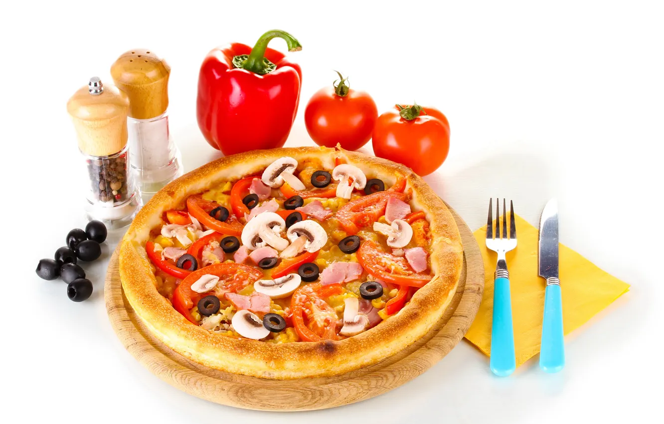 Photo wallpaper mushrooms, food, knife, pepper, pizza, tomatoes, olives, spices