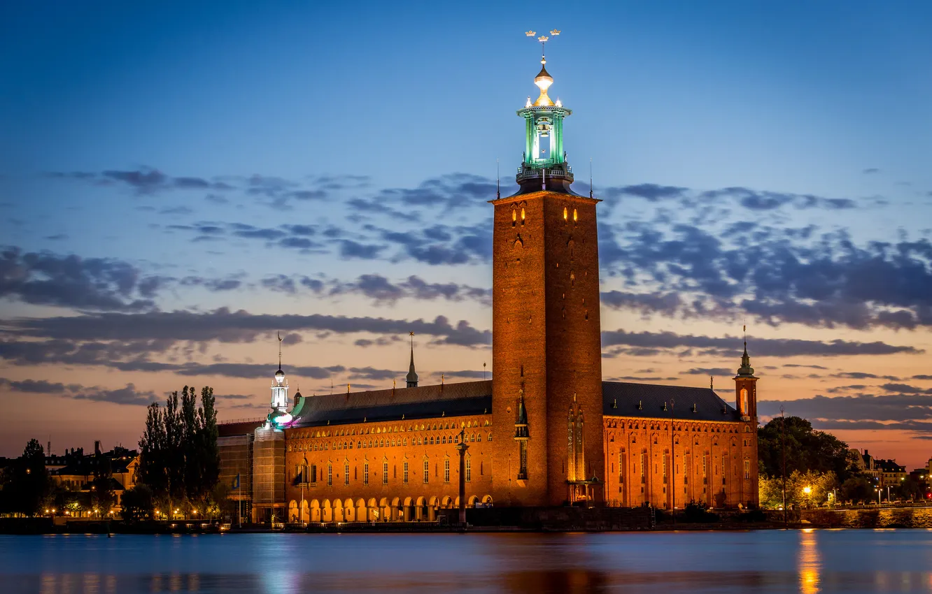 Photo wallpaper sea, the sky, clouds, lights, home, the evening, Stockholm, Sweden