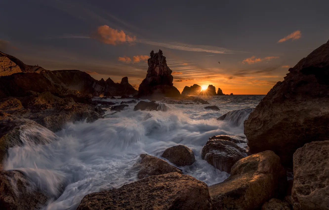 Photo wallpaper sunset, stones, the ocean, rocks, surf, Spain, Spain, The Bay of Biscay