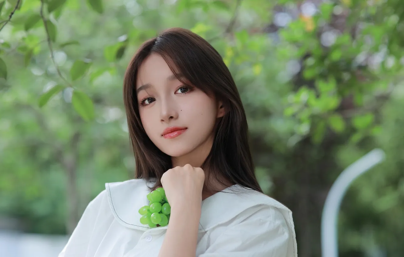 Photo wallpaper trees, woman, smile, beautiful, model, pretty, grapes, asian