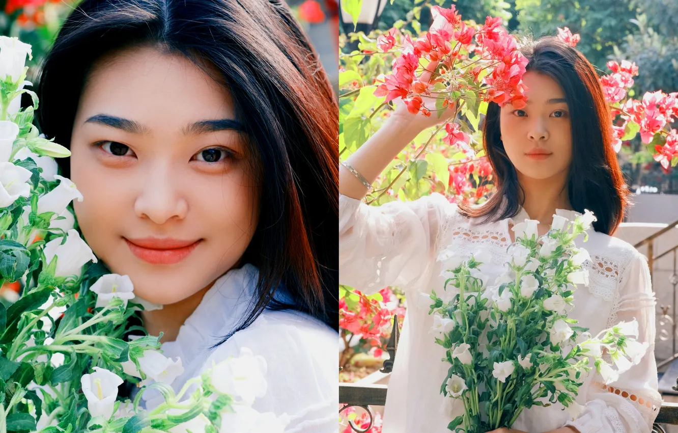 Photo wallpaper Beautiful, Asian, Model, Flowers, Smile, Woman, Bouquet, Cute
