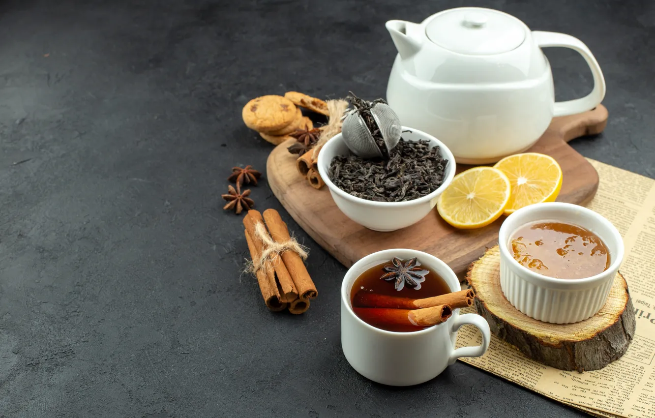 Photo wallpaper table, lemon, tea, kettle, the tea party, mug, Cup, newspaper